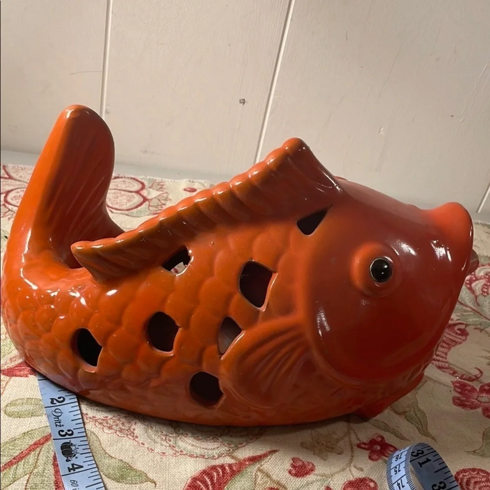 Koi Ceramic Rust Lay Flat Patio Fish Tea  Light Holder